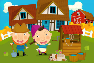Obraz na płótnie Canvas Cartoon farm scene - farmer and his wife on their farm - illustration for the children