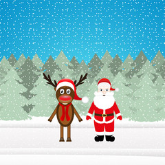 Christmas reindeer and Santa Claus in forest