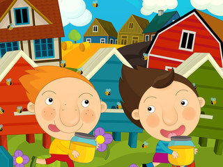 Cartoon farm scene - kids playing near the hives - illustration for the children