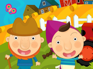 Cartoon happy and funny traditional farm scene - cheerful village couple - illustration for children