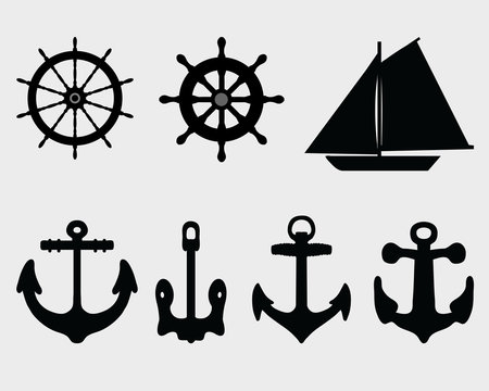 Silhouettes of anchor and rudder, vector