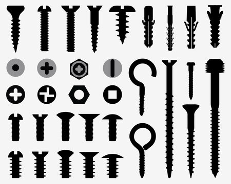 Silhouettes of wall plugs, bolts, nuts and screws