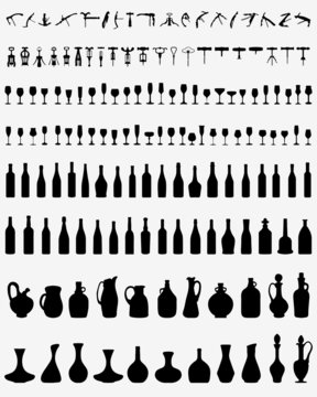 Silhouettes of pitchers, glasses, bottles and corkscrew, vector