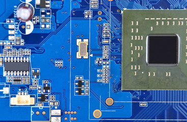 Printed computer motherboard, CPU socket, close up