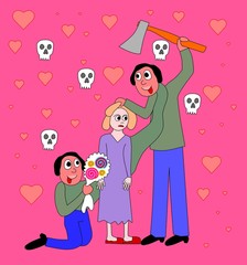 Violence in relation - man, woman, bouquet, ax