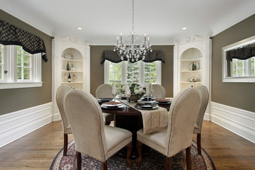 Dining room with white cabinetry - obrazy, fototapety, plakaty
