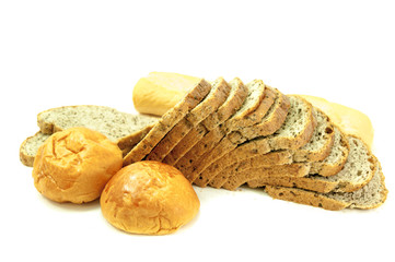 The cut loaf of bread on white background