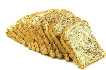 The cut loaf of bread on white background