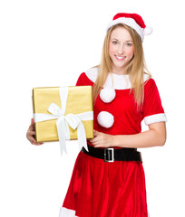 Christmas woman and hold with big golden gift box