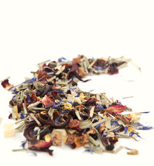 scattered flower tea on white background. Isolated