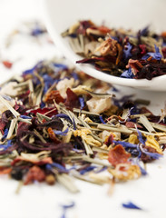 black tea blend with flowers and herbs. close up photo