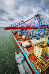 container ship in port, elevated view from high-up