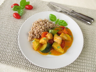 Gemüsepfanne mit Fisch und Buchweizen
