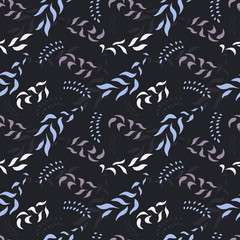 Seamless pattern of painted white and blue branches and leaves