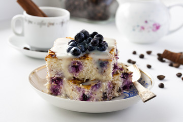 Casserole of cheese and couscous with blueberries