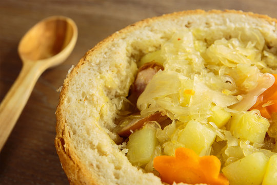 Cabbage soup in a loaf of bread