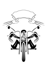Black silhouette of a biker on a motorcycle on a white backgroun