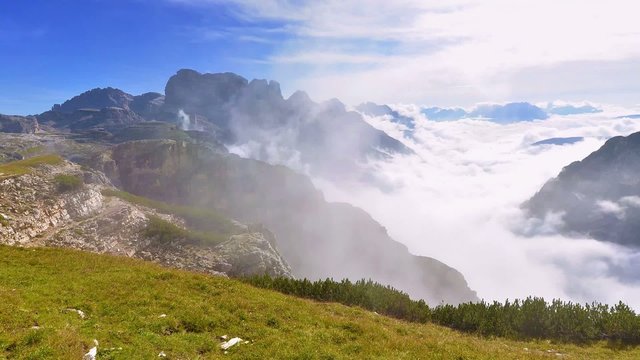 Cloud motion, morning mist in the Dolomites