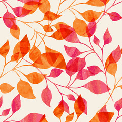 Watercolor seamless pattern with pink and orange autumn leaves.