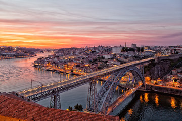 Portugal, Porto, Luis I Bridge on a sunset,  top view