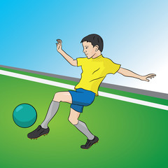 Drawing young soccer player in a dynamic perspective