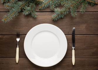 Vintage christmas table setting from above. Elegant empty white