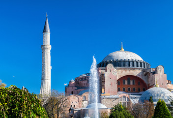 Fototapeta na wymiar Hagia Sophia Church under a beautiful blue sky - Istanbul