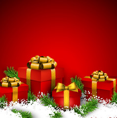 Red christmas background with gift boxes.