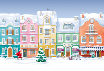 Old historical houses, shops and cafe at the snow-covered city s