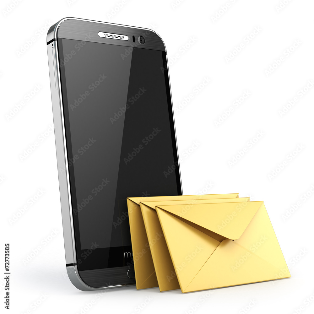 Poster mobile phone with short message service. smartphone with envelop