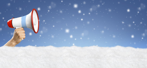 Megafon mit winter / Weihnachtlichem Hintergrund