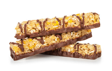 bar with grains and nuts and chocolate on isolated white