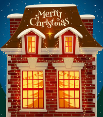 Christmas decorated house. Greeting card
