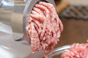 Home meat grinder scrolls minced beef and pork