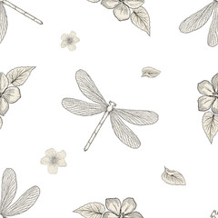 flowers and dragonflies seamless pattern