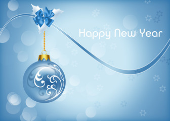 новогодний голубой фон с елочным шаром - obrazy, fototapety, plakaty