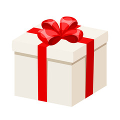 White gift box with red ribbon and bow. Vector illustration.