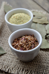 Various spices selection on wooden table