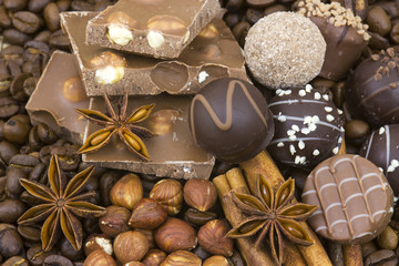 chocolate, coffee, spices and nuts