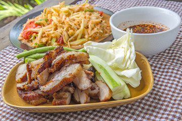 Closeup Thai papaya salad serve with vegetables, popular thailand
