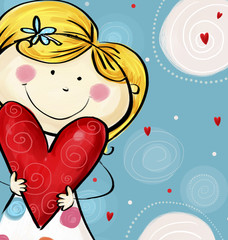 love you postcard. Cute  girl with the big heart.