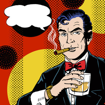Pop Art Man with glass smoking  cigar and with speech bubble.