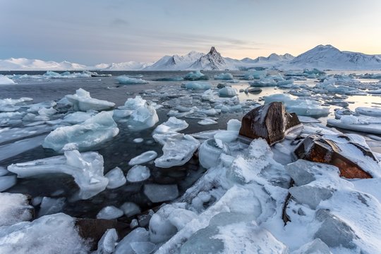 Unusual Arctic landscape - Spitsbergen - freezing fjord