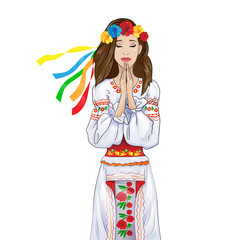 woman pray clasp hands ukrainian national clothes