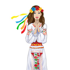woman pray clasp hands ukrainian national clothes