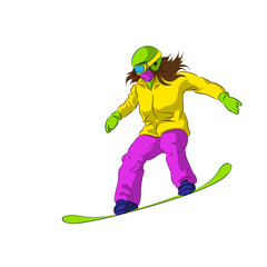 Snowboarder sliding down, female snowboarding