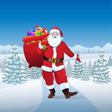 Santa Claus in winter forest woods hold sack with present