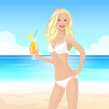 woman on summer beach with cocktail, blonde sexy girl