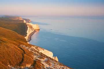 Evening light on the cliffs of Jurassic coast in Dorset, UK.