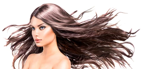 Papier Peint photo Salon de coiffure Portrait de femme mannequin avec de longs cheveux soufflant